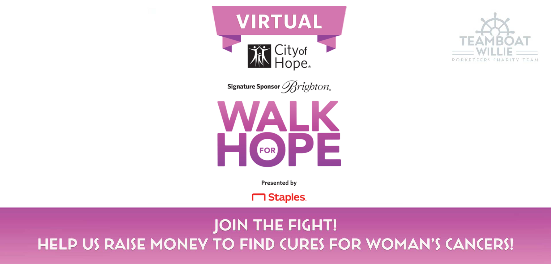 Announcement for Teamboat Willie's participation in City of Hope's Walk For Hope charity virtual walk